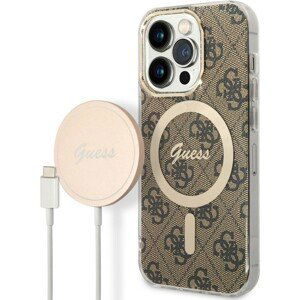 Guess 4G MagSafe kryt + Bezdrátová nabíječka pro iPhone 14 Pro hnědá