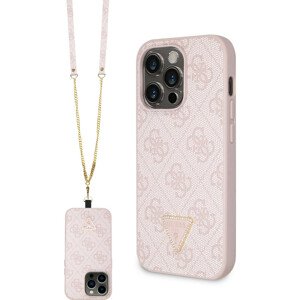 Guess PU 4G Strass Triangle Metal Logo Kryt + Crossbody Popruh iPhone 15 Pro Max růžový