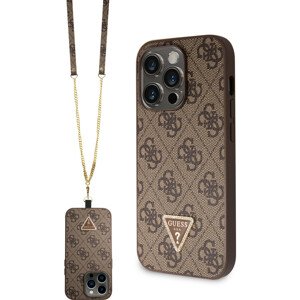 Guess PU 4G Strass Triangle Metal Logo Kryt + Crossbody Popruh iPhone 15 Pro hnědý