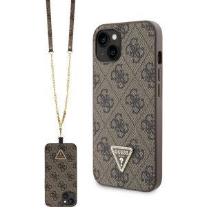 Guess PU 4G Strass Triangle Metal Logo Kryt + Crossbody Popruh iPhone 15 hnědý