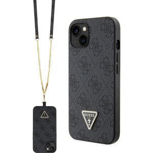 Guess PU 4G Strass Triangle Metal Logo Kryt + Crossbody Popruh iPhone 15 černý