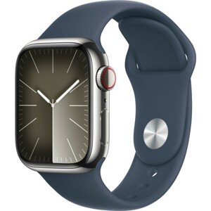 Apple Watch Series 9 Cellular 41mm Stříbrná ocel s bouřkově modrým sportovním řemínkem M/L