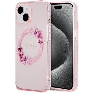 Guess PC/TPU Flowers Ring Glossy Logo MagSafe kryt iPhone 15 růžový