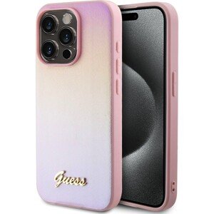 Guess PU Leather Iridescent Metal Script kryt iPhone 15 Pro Max růžový