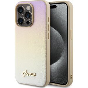 Guess PU Leather Iridescent Metal Script kryt iPhone 15 Pro zlatý