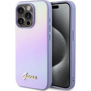 Guess PU Leather Iridescent Metal Script kryt iPhone 15 Pro fialový