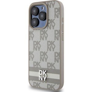 DKNY PU Leather Checkered Pattern and Stripe kryt iPhone 14 Pro Max béžový