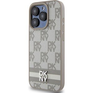 DKNY PU Leather Checkered Pattern and Stripe kryt iPhone 13 Pro béžový