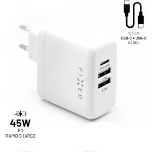 FIXED Set síťové nabíječky s USB-C a 2xUSB, USB-C/USB-C kabel, (PD), 45W, bílý