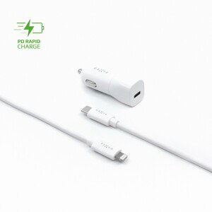 FIXED Set autonabíječky s USB-C, USB-C/Lightning kabel, (PD), 1 m, MFI, 18W, bílý