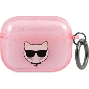 Karl Lagerfeld TPU Glitter Choupette Head pouzdro pro Airpods Pro růžové