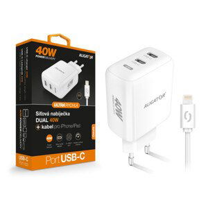 nabíječka pro mobil Chytrá síťová nabíječka Aligator Power Delivery 40W, 2xUSB-C, Usb-c kabel pro iPhone/iPad, bílá