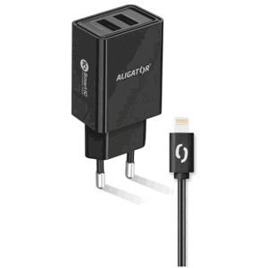 Aligator nabíječka pro mobil síťová nabíječka, 2x Usb, kabel Lightning 2A, smart Ic, 2,4 A, černá