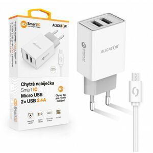 Aligator nabíječka pro mobil síťová nabíječka, 2x Usb, kabel micro Usb 2A, smart Ic, 2,4 A, bílá
