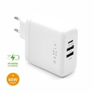 nabíječka pro mobil Síťová nabíječka Fixed s Usb-c a 2xUSB výstupem, podpora Pd, 60W, bílá