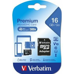 Verbatim Premium paměťová karta microSDHC 16Gb Uhs-i V10 U1 + Sd adaptér
