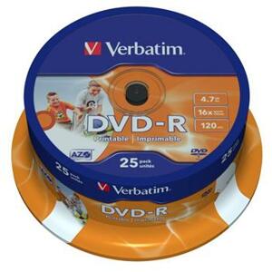 Verbatim DVD-R 4,7GB 16x Printable, 25ks - média, AZO, potisknutelné, spindle 43538; 43538