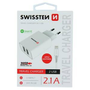 Swissten síťový adaptér smart IC 2X USB 2,1A power + datový kabel USB / Lightning 1,2 M, bílý; 22057000