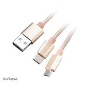 AKASA kabel 2v1 USB Type-A na Micro-B a USB Type-C, 120cm, zlatý; AK-CBUB42-12GL