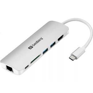 Sandberg USB-C dokovací stanice, HDMI+SD+USB+RJ45+USB-C(61W), stříbrný; 136-18