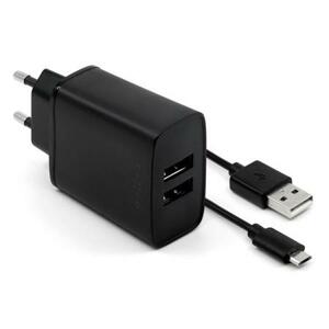 Set síťové nabíječky FIXED s 2xUSB výstupem a USB/micro USB kabelu, 1 metr, 15W Smart Rapid Charge, černá; FIXC15-2UM-BK