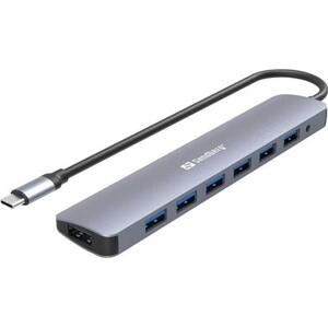 Sandberg USB-C HUB, porty 7x USB 3.0, stříbrný; 136-40