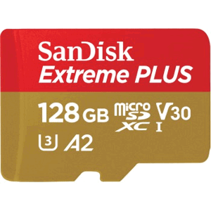 SanDisk Extreme PLUS microSDXC 128 GB + SD Adapter 200 MB/s and 90 MB/s A2 C10 V30 UHS-I U3; SDSQXBD-128G-GN6MA