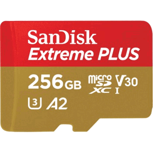 SanDisk Extreme PLUS microSDXC 256 GB + SD Adapter 200 MB/s and 140 MB/s A2 C10 V30 UHS-I U3; SDSQXBD-256G-GN6MA