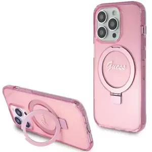 Guess hard silikonové pouzdro iPhone 15 PRO 6.1" pink Ring Stand Script Glitter MagSafe