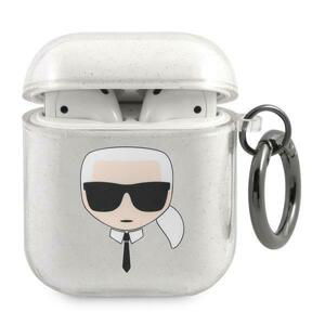 Karl Lagerfeld KLA2UKHGS pouzdro na AirPods 2. Generace / 1. Generace Silver glitter Karl`s head