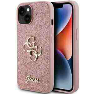 Guess hard kryt na iPhone 15 6.1" Pink Glitter Script Big 4G