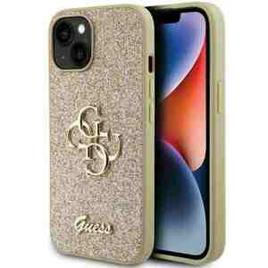 Guess hard kryt na iPhone 15 6.1" Gold Glitter Script Big 4G