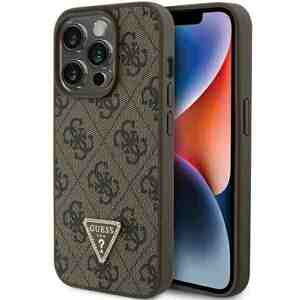 Guess hard silikonový obal iPhone 15 PRO 6.1" Brown Leather 4G Triangle Strass