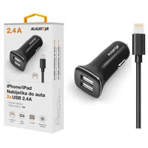 Nabíječka do auta ALIGATOR pro iPh 5/6/7/8 s 2xUSB výstupem 2,4A, Turbo charge, černá CHA0012