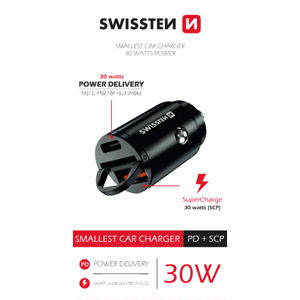 SWISSTEN CAR ADAPTER POWER DELIVERY USB-C + SUPER CHARGE 3.0 30W NANO BLACK 20111770