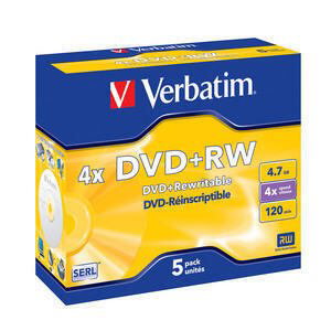VERBATIM DVD+RW (4x, 4,7GB),5ks/pack 43229