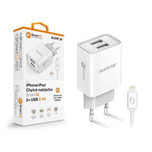 Chytrá síťová nabíječka ALIGATOR 2.4A, 2xUSB, smart IC, bílá, kabel pro iPhone/iPad 2A CHA0045