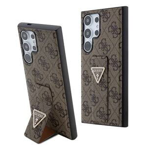 Guess PU Grip Stand 4G Strass Triangle Metal Logo Zadní Kryt pro Samsung Galaxy S24 Ultra  Brown GUHCS24LPGS4TDW