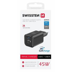 SWISSTEN TRAVEL CHARGER GaN 1x USB-C 45W PD + 1x USB-A 18W QC BLACK 22071310