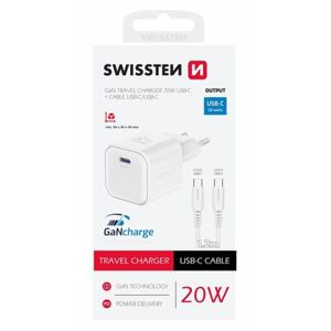 SWISSTEN TRAVEL CHARGER GaN 1x USB-C 20W POWER DELIVERY WHITE + DATA CABLE USB-C/USB-C 1,2 M WHITE 22070120