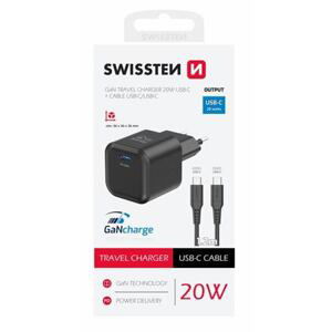 SWISSTEN TRAVEL CHARGER GaN 1x USB-C 20W POWER DELIVERY BLACK + DATA CABLE USB-C/USB-C 1,2 M BLACK 22070130