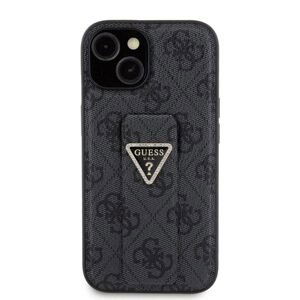 Guess PU Grip Stand 4G Strass Triangle Metal Logo Zadní kryt pro iPhone 15, black