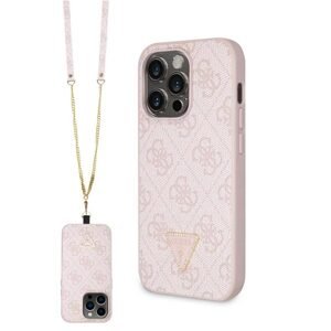 Guess PU 4G Strass Triangle Metal Logo Zadní Kryt + Crossbody Popruh pro iPhone 15 Pro, pink