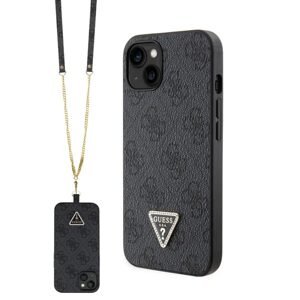 Guess PU 4G Strass Triangle Metal Logo Zadní Kryt + Crossbody Popruh pro iPhone 15, black