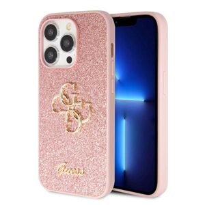 Guess PU Fixed Glitter 4G Metal Logo Zadní Kryt pro iPhone 15 Pro, pink