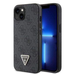 Guess PU 4G Strass Triangle Metal Logo Zadí Kryt pro iPhone 15 Plus, black