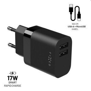 FIXED Set Síťová nabíječka 2xUSB výstupem a USB/micro USB kabelu, 1 m, 17W, Smart Rapid Charge, černá