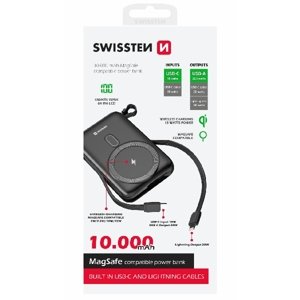 Swissten Power bank 20 W 10000 mAh (MagSafe compatible) with integrated USB-C cables and white cables, PD, black