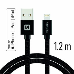 Datový kabel Swissten textilní s certifikací MFI, Lightning konektorem a podporou rychlonabíjení, Black