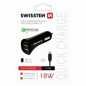 Autonabíječka Swissten s podporou Qualcomm Quick Charge 3.0 a 2x USB konektorem + Micro-USB kabel